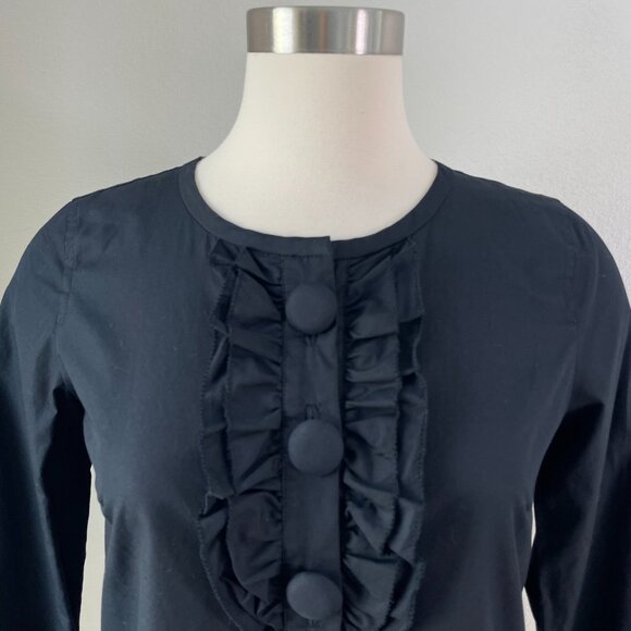 NEW J Crew Womens Size 2 Black Ruffle Front Button Up Shirt Long Sleeve Top - Picture 2 of 8
